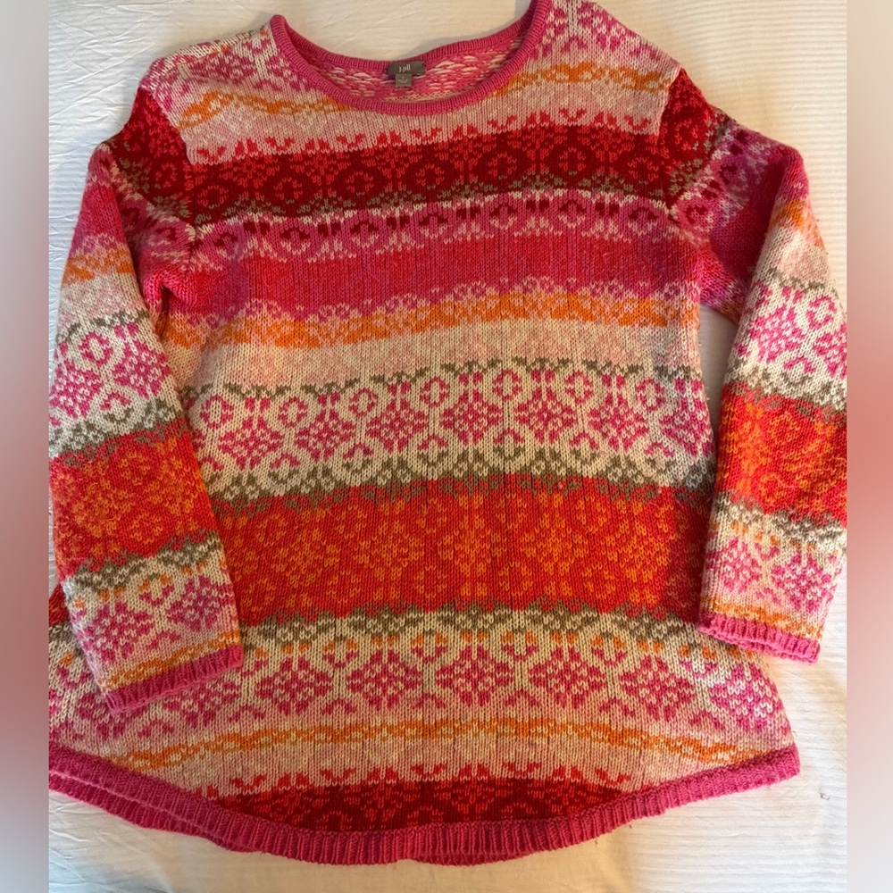 J. Jill Wool Angora Blend Bold Fair Isle Sweater pink,‎ orange, red size large